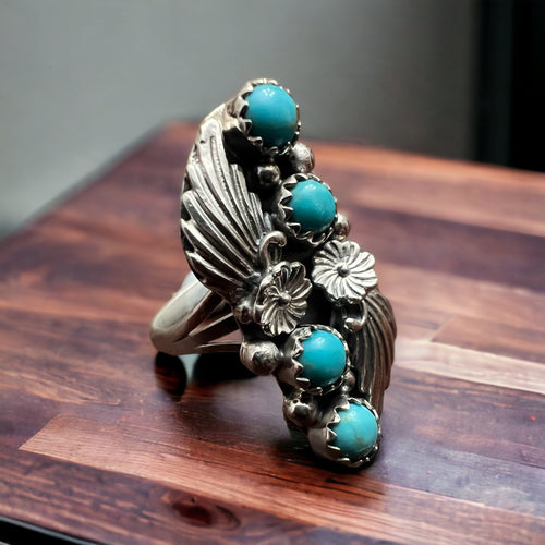 Alice R. Saunders Turquoise & Sterling Silver Ring Size 8.25 - Cowhide and Conchos