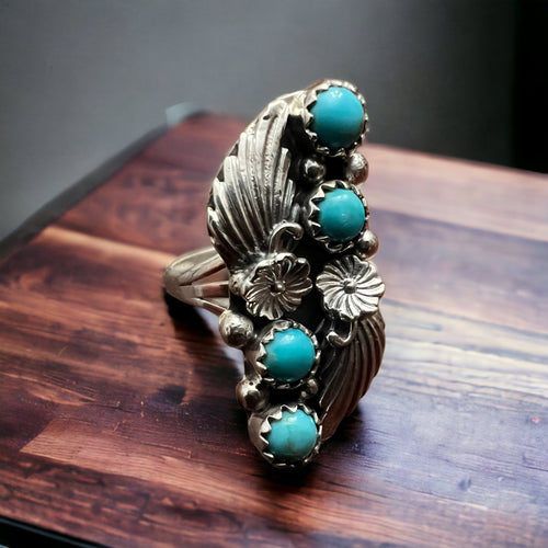 Alice R. Saunders Turquoise & Sterling Silver Ring Size 8.25 - Cowhide and Conchos