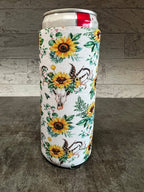 Boho Sunflower & Bullskull Print Slim Can Koozie - Cowhide and Conchos