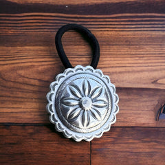 Concho hair tie - Western hair tie - sterling silver - Cowhide and Conchos