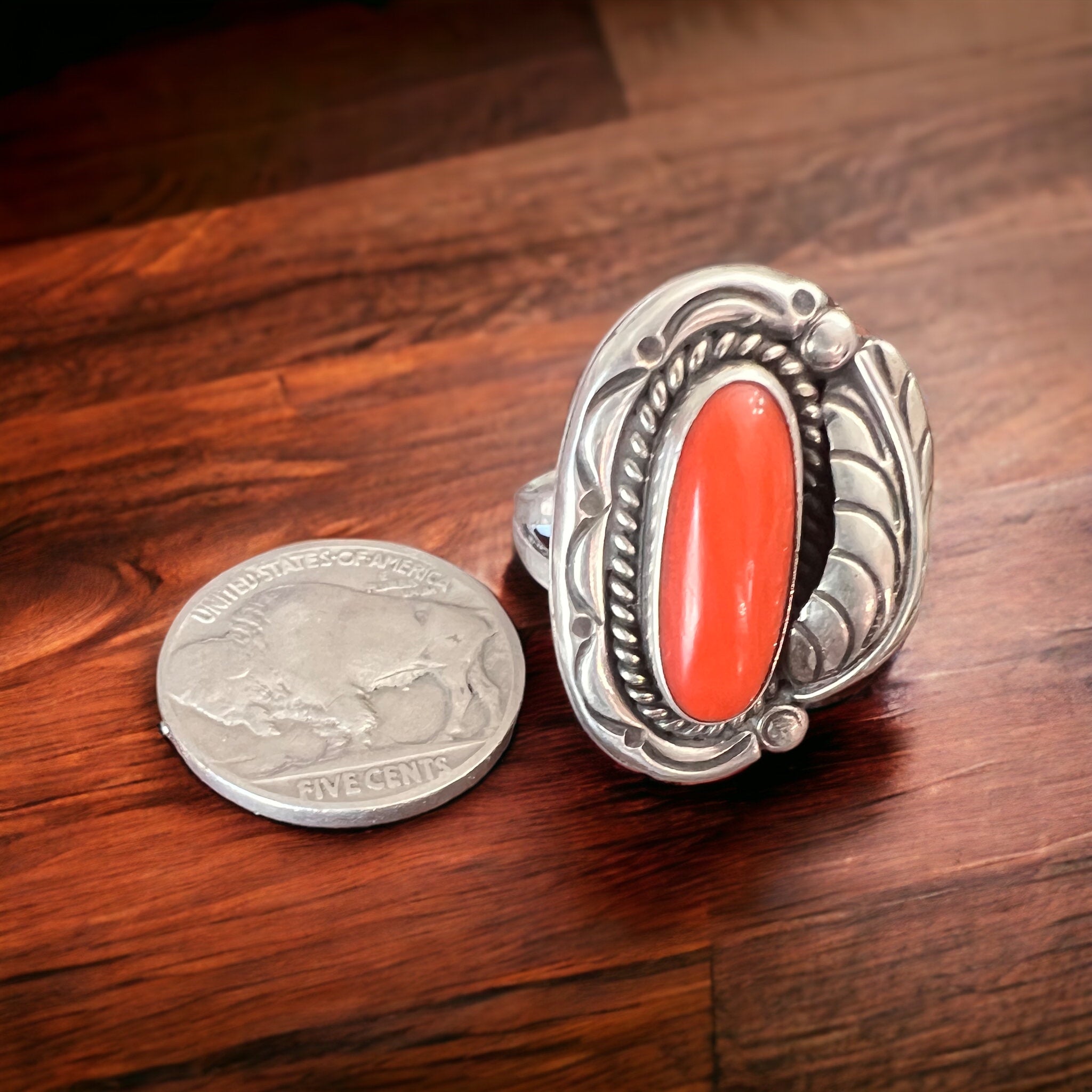 Coral ring - gorgeous large coral on sterling oval base with leaf - Size 6.5 - Cowhide and Conchos