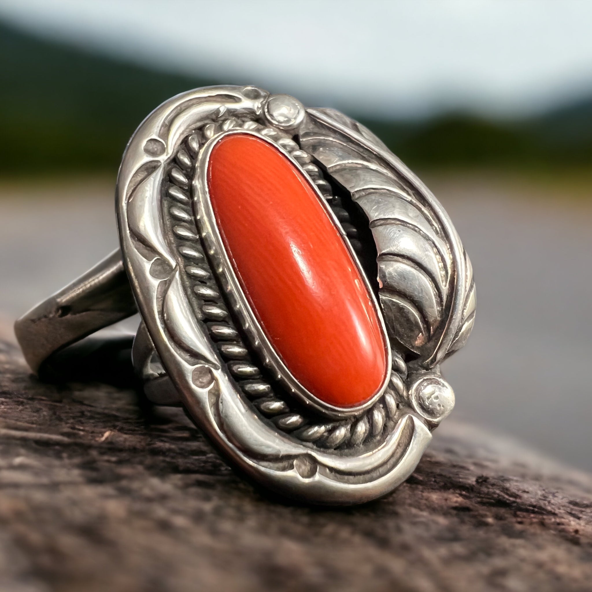 Coral ring - gorgeous large coral on sterling oval base with leaf - Size 6.5 - Cowhide and Conchos