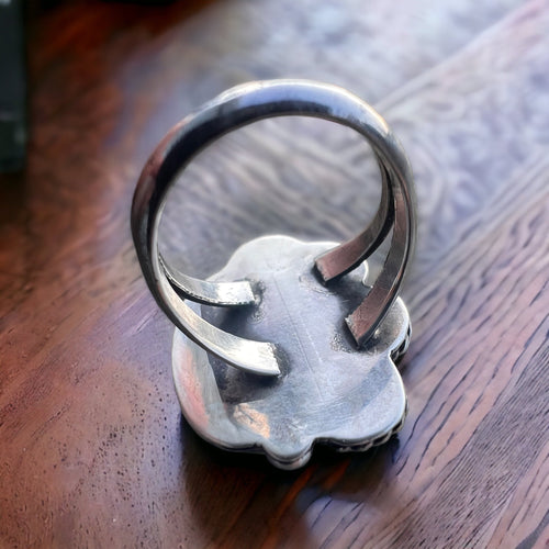 Coral ring on sterling silver - Native signed LJ and BG - size 7 - Cowhide and Conchos