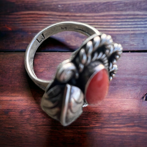 Coral ring on sterling silver - Native signed LJ and BG - size 7 - Cowhide and Conchos