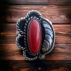 Coral ring on sterling silver - Native signed LJ and BG - size 7 - Cowhide and Conchos