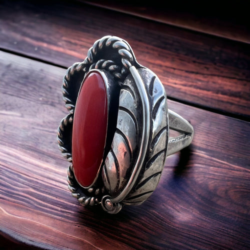 Coral ring on sterling silver - Native signed LJ and BG - size 7 - Cowhide and Conchos