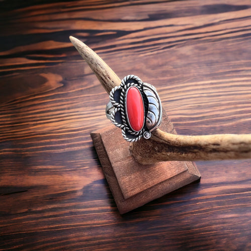Coral ring on sterling silver - Native signed LJ and BG - size 7 - Cowhide and Conchos