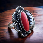 Coral ring on sterling silver - Native signed LJ and BG - size 7 - Cowhide and Conchos