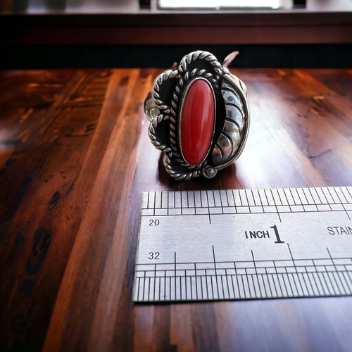 Coral ring on sterling silver - Native signed LJ and BG - size 7 - Cowhide and Conchos