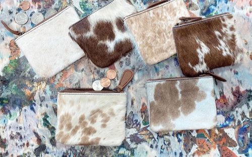 Cowhide coin pouch - tan and white - Cowhide and Conchos