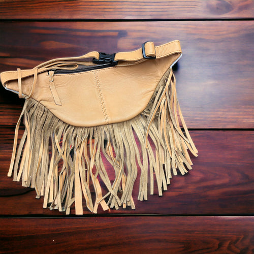 Cowhide Fanny Pack - Beige & Gold Cowhide - Cowhide and Conchos