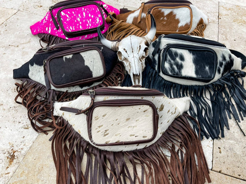 Cowhide Fanny Pack - Beige & Gold Cowhide - Cowhide and Conchos