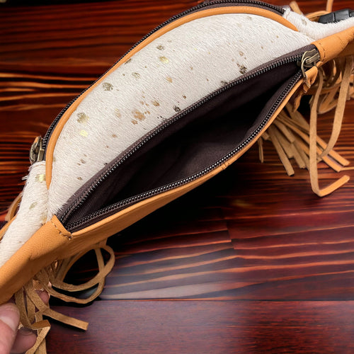 Cowhide Fanny Pack - Beige & Gold Cowhide - Cowhide and Conchos