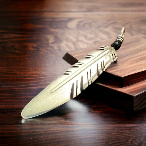 Feather pendant - Vintage long sterling silver feather pendant with onyx - Cowhide and Conchos