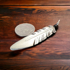 Feather pendant - Vintage long sterling silver feather pendant with onyx - Cowhide and Conchos