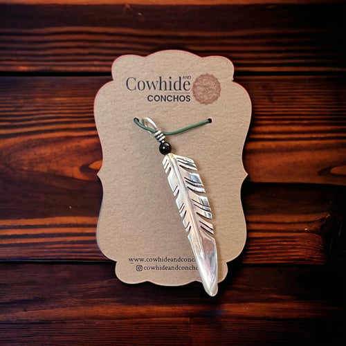 Feather pendant - Vintage long sterling silver feather pendant with onyx - Cowhide and Conchos