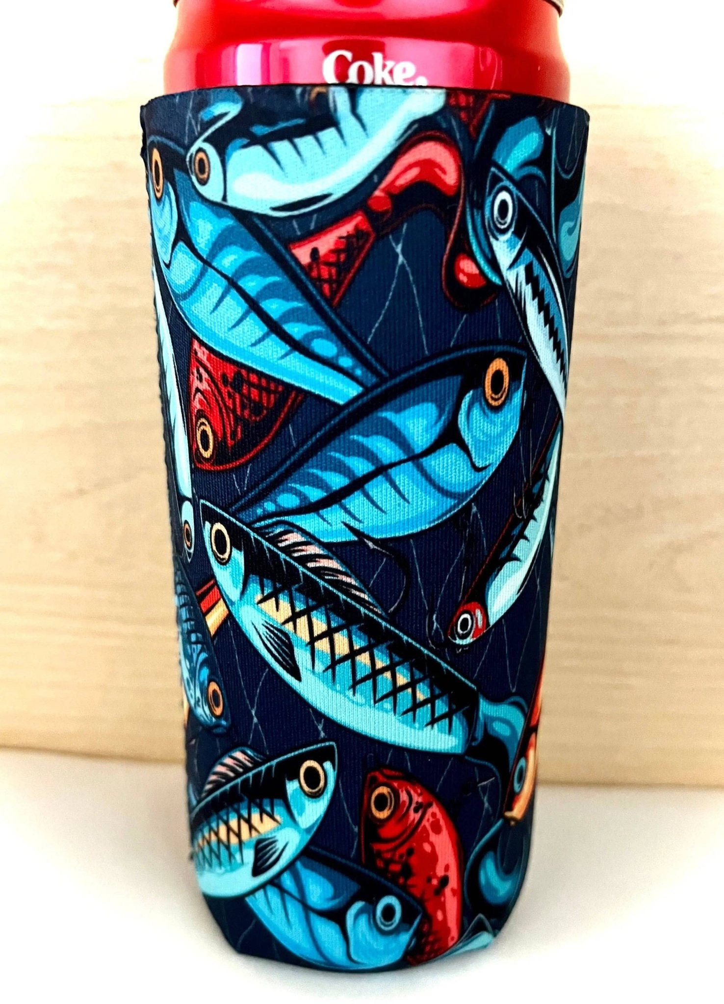 Fishing Lure Print Slim Can Koozie - Cowhide and Conchos