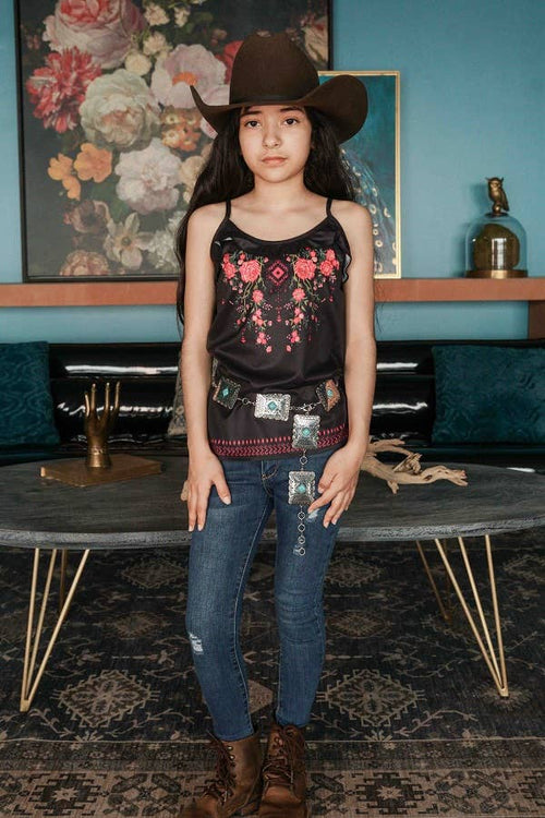 Girls Black Floral Aztec Ruffle Top - Cowhide and Conchos