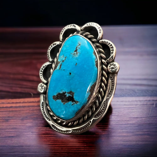Gorgeous large blue turquoise cabochon ring on sterling - Size 7 - Cowhide and Conchos