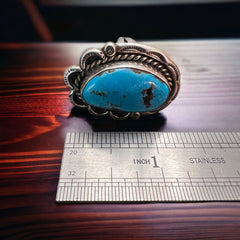 Gorgeous large blue turquoise cabochon ring on sterling - Size 7 - Cowhide and Conchos
