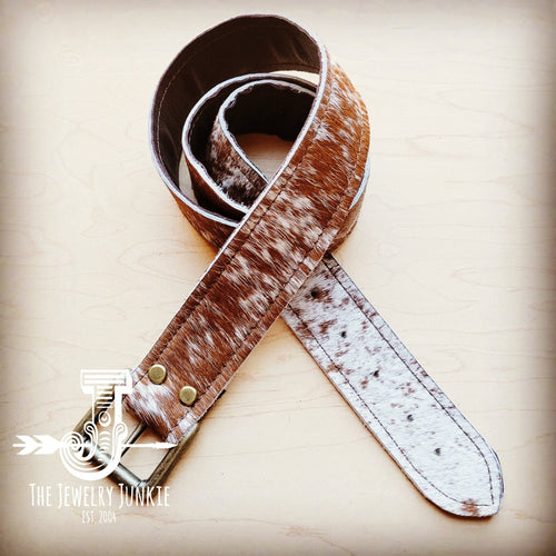 Hair on Hide Tan Brindle Leather Belt with Antique Belt Buckle - Large/XL - Cowhide and Conchos