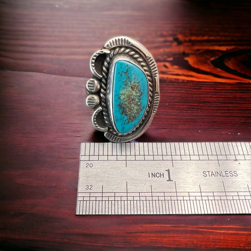 Hand stamped gorgeous turquoise ring - Size 7 - Cowhide and Conchos