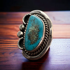 Hand stamped gorgeous turquoise ring - Size 7 - Cowhide and Conchos