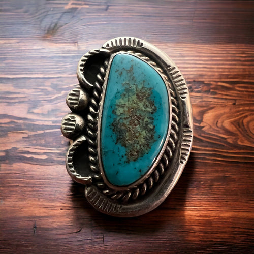 Hand stamped gorgeous turquoise ring - Size 7 - Cowhide and Conchos