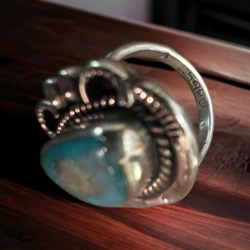 Hand stamped gorgeous turquoise ring - Size 7 - Cowhide and Conchos