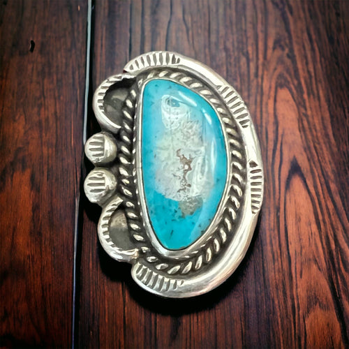 Hand stamped gorgeous turquoise ring - Size 7 - Cowhide and Conchos