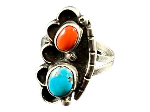 Turquoise and coral ring.  Sterling - Size 7