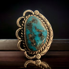 Turquoise ring - gorgeous large cabochon on larger hand stamped sterling flower base - Size 7.5