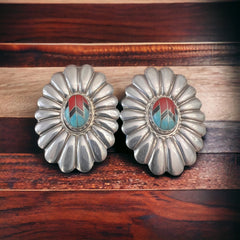 Turquoise and coral inlay on sterling concho post earring