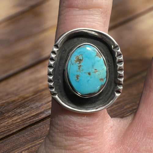 Turquoise ring - gorgeous large cabochon on shadow box style base - Size 5.5