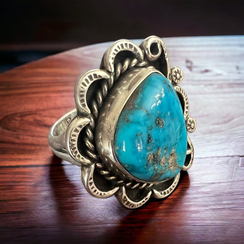 Turquoise ring - on oval hand stamped flower base - Size 7