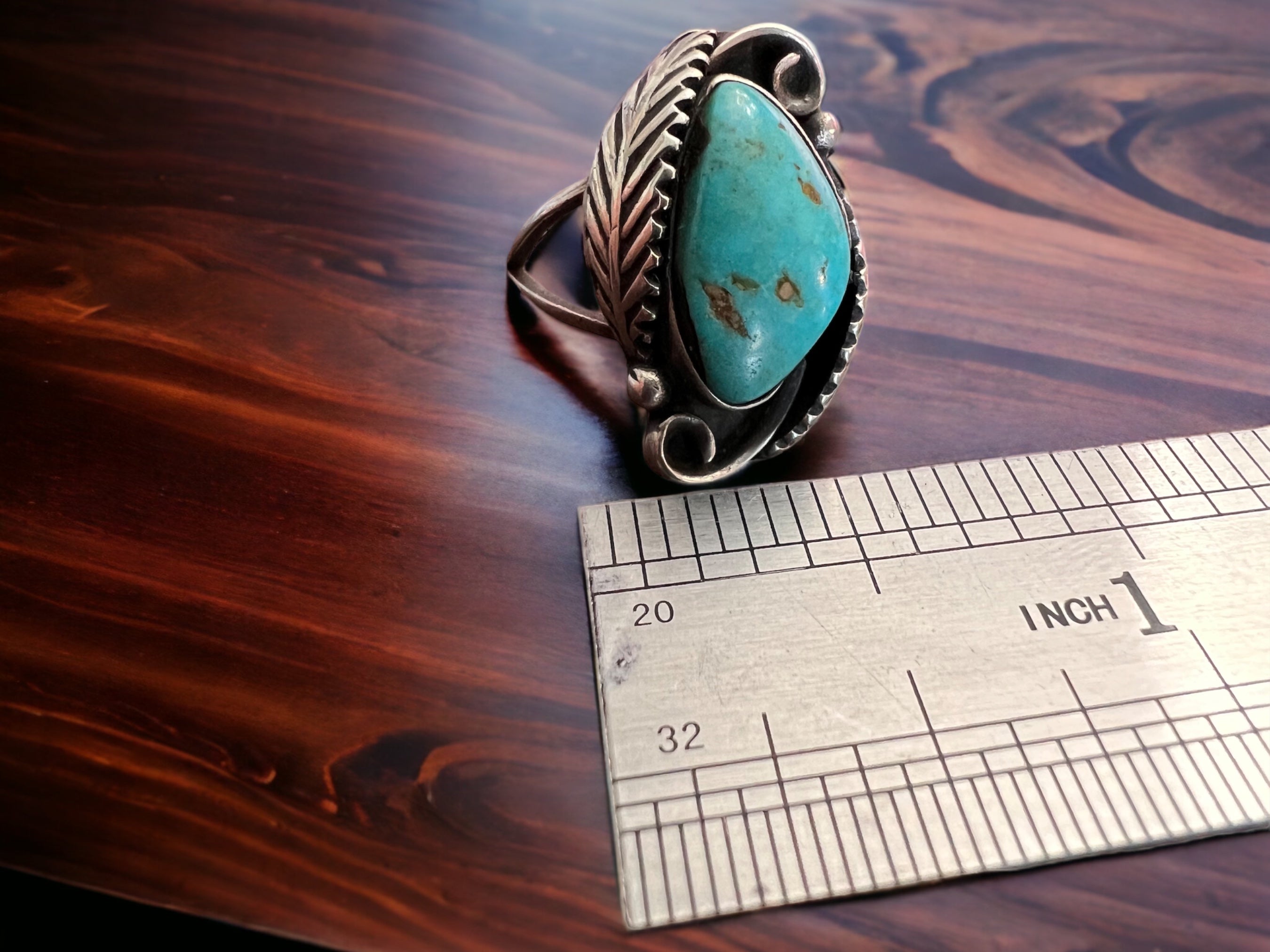 Turquoise ring - Artisan turquoise and leaf ring - size 6