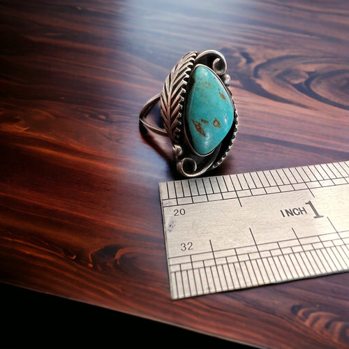 Turquoise ring - Artisan turquoise and leaf ring - size 6