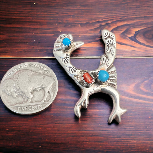 Roadrunner brooch with turquoise and coral.  Sterling