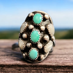 Turquoise and mother of pearl Cluster Ring - Size 7 - Navajo J. Royal stamped
