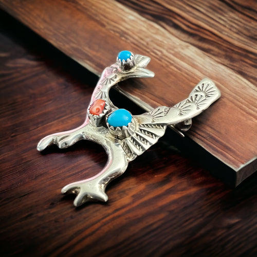 Roadrunner brooch with turquoise and coral.  Sterling