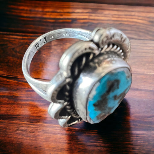 Turquoise ring - gorgeous large cabochon on larger hand stamped sterling flower base - Size 7.5