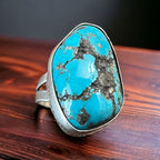 Large turquoise nugget and stamped bezel ring - Size 8