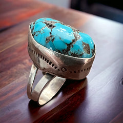 Large turquoise nugget and stamped bezel ring - Size 8