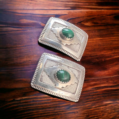 Rectangle Concho earring.  Sterling Concho and malachite.  Top View