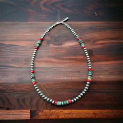 6mm Sterling Silver Pearl necklace with turquoise and coral - 19 inch