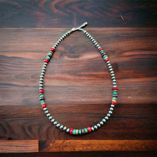 6mm Sterling Silver Pearl necklace with turquoise and coral - 19 inch