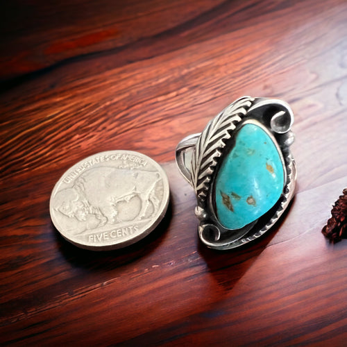 Turquoise ring - Artisan turquoise and leaf ring - size 6