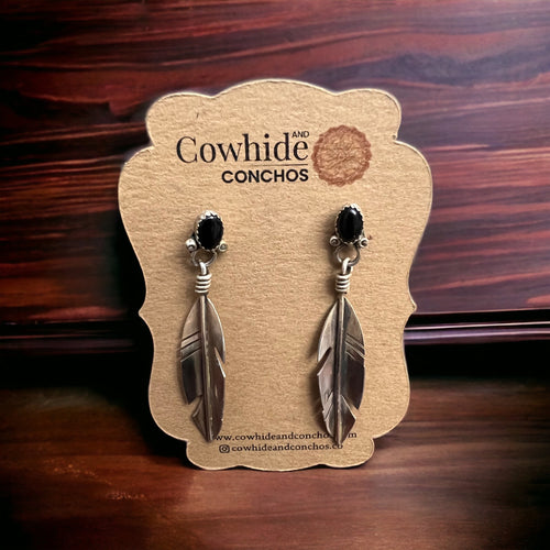Sterling feather and onyx earrings