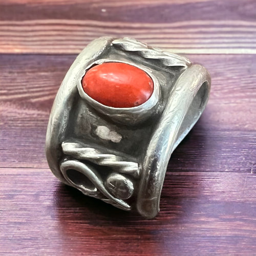 Coral ring - Coral wide band ring - size 5 - sterling silver