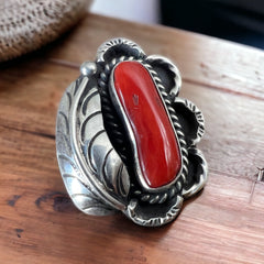 Coral ring - Coral and sterling silver with leaf - Size 6.5